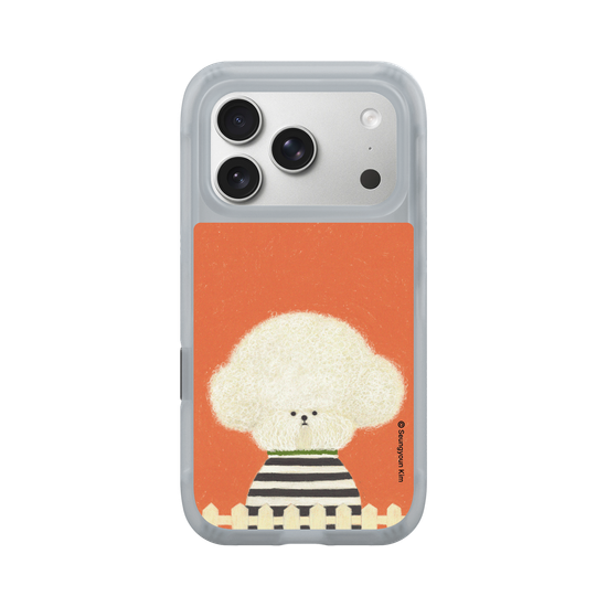 A white Dog in stripes