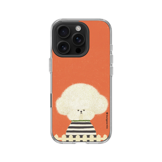 A white Dog in stripes
