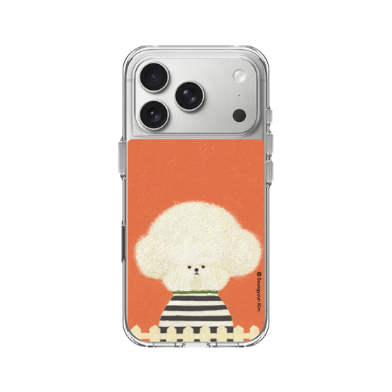 A white Dog in stripes