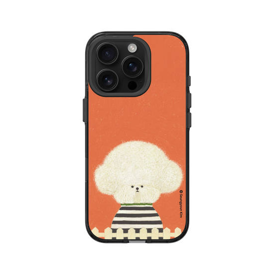 A white Dog in stripes
