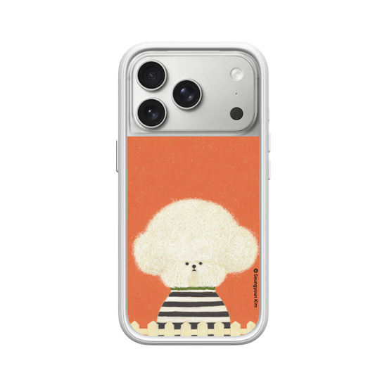 A white Dog in stripes