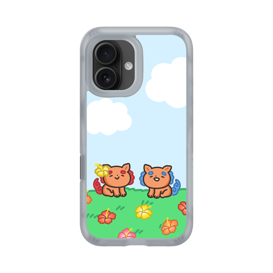 lion dogs in a hibiscus field