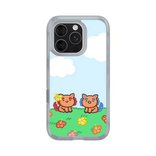 lion dogs in a hibiscus field