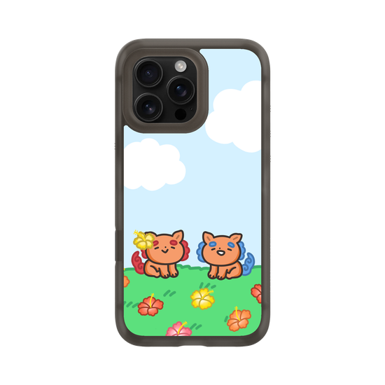 lion dogs in a hibiscus field