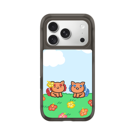 lion dogs in a hibiscus field
