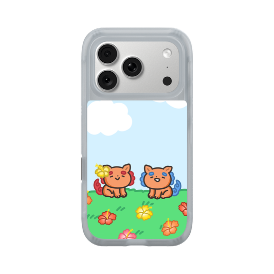 lion dogs in a hibiscus field