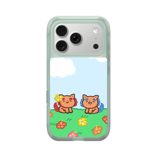 lion dogs in a hibiscus field