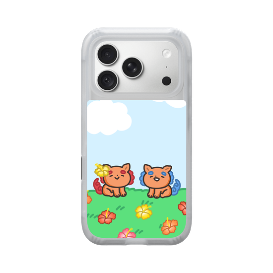 lion dogs in a hibiscus field