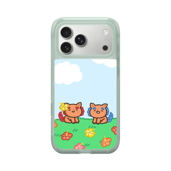 lion dogs in a hibiscus field