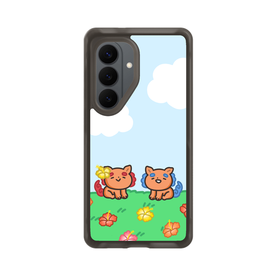 lion dogs in a hibiscus field