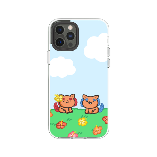 lion dogs in a hibiscus field