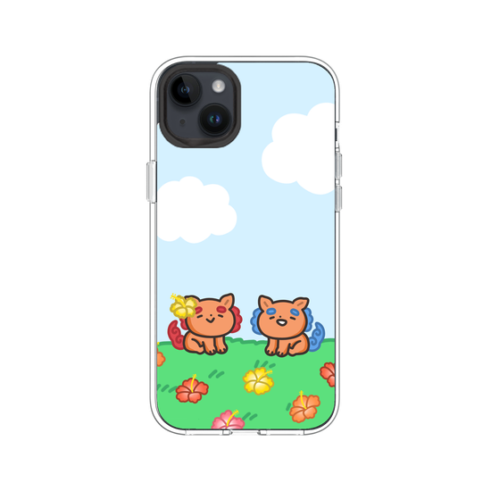 lion dogs in a hibiscus field