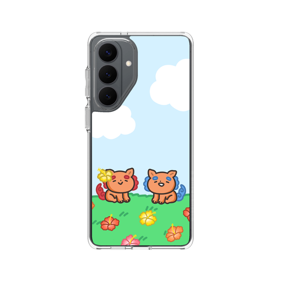 lion dogs in a hibiscus field