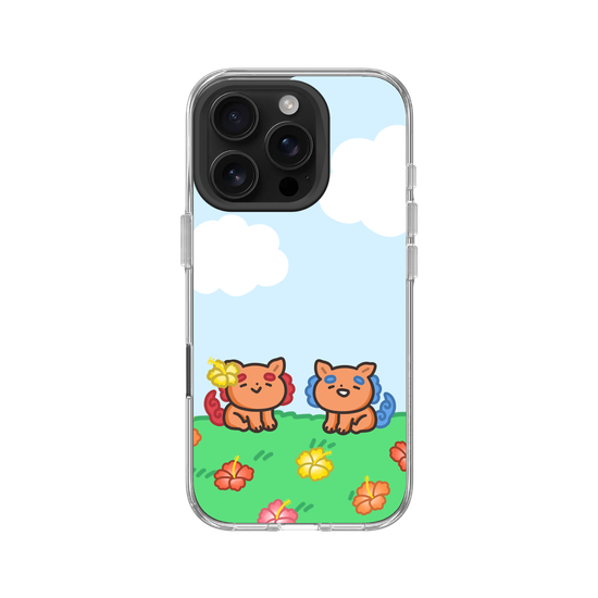 lion dogs in a hibiscus field