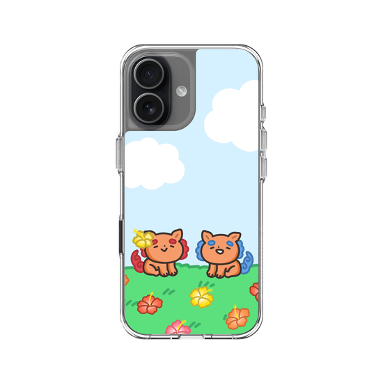 lion dogs in a hibiscus field