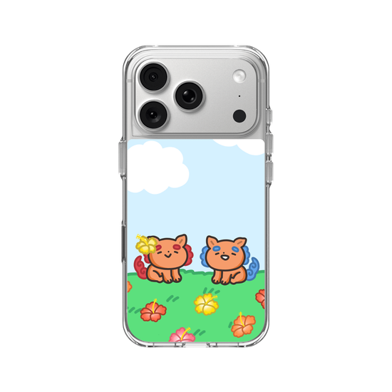 lion dogs in a hibiscus field