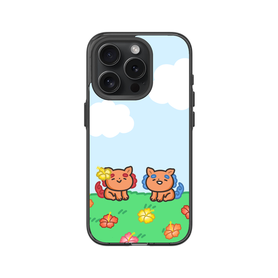 lion dogs in a hibiscus field