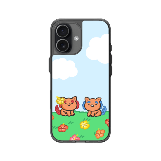 lion dogs in a hibiscus field