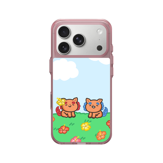 lion dogs in a hibiscus field