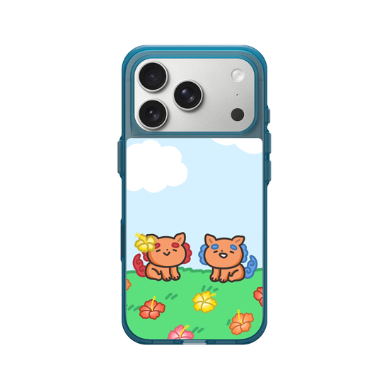lion dogs in a hibiscus field