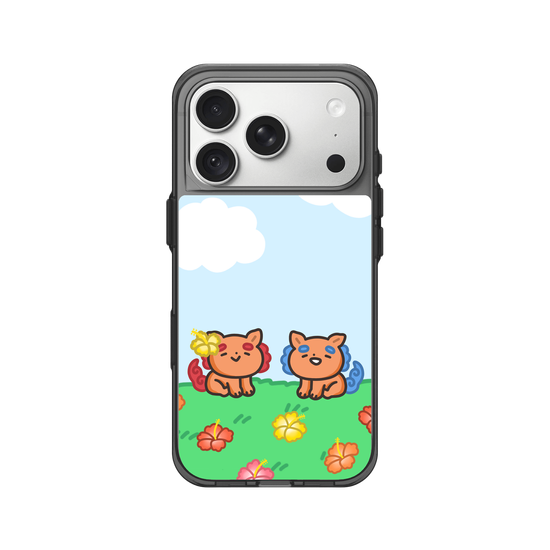 lion dogs in a hibiscus field