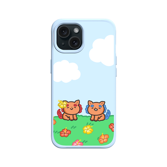 lion dogs in a hibiscus field