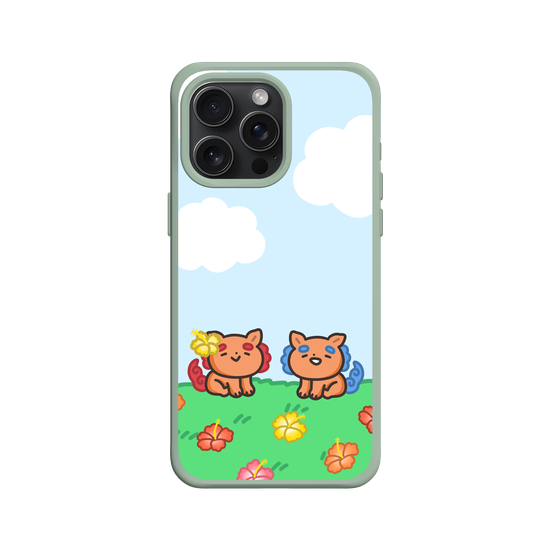 lion dogs in a hibiscus field