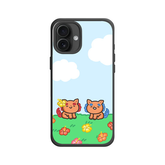 lion dogs in a hibiscus field