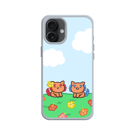 lion dogs in a hibiscus field