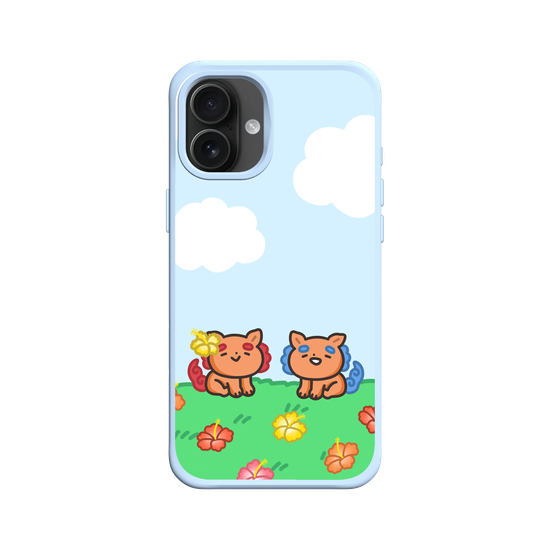 lion dogs in a hibiscus field