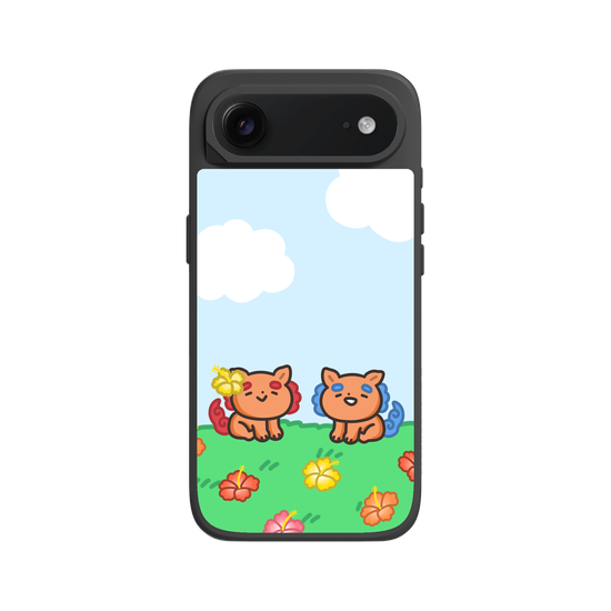 lion dogs in a hibiscus field