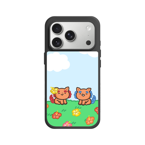 lion dogs in a hibiscus field