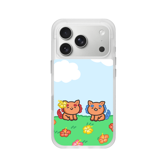 lion dogs in a hibiscus field