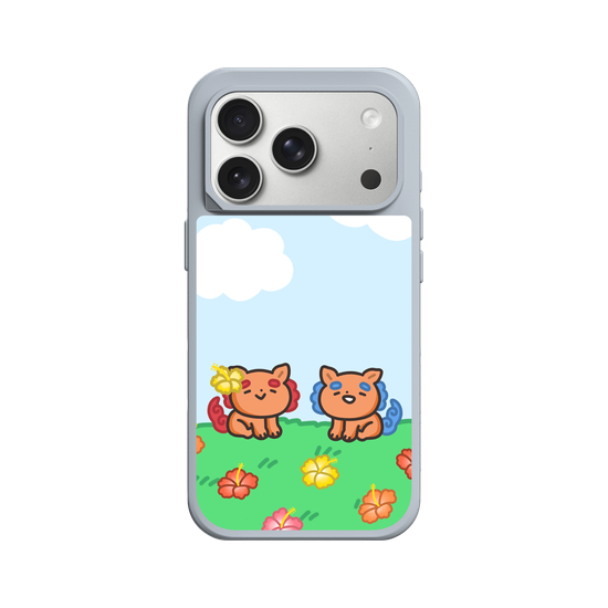 lion dogs in a hibiscus field