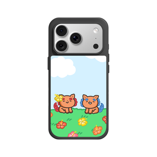 lion dogs in a hibiscus field