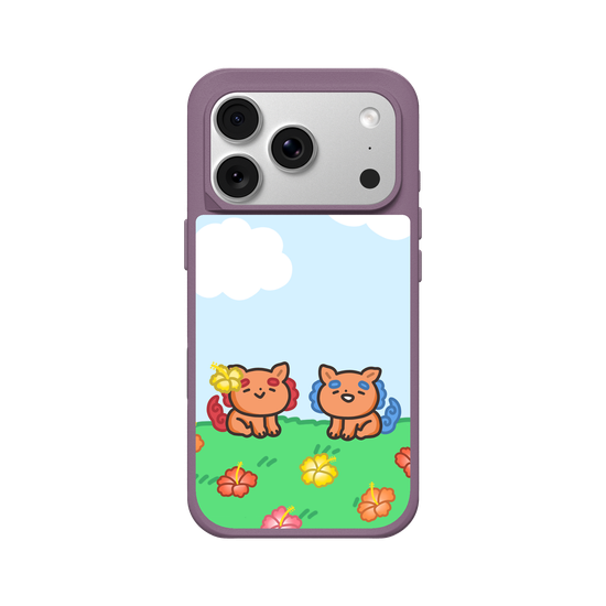lion dogs in a hibiscus field