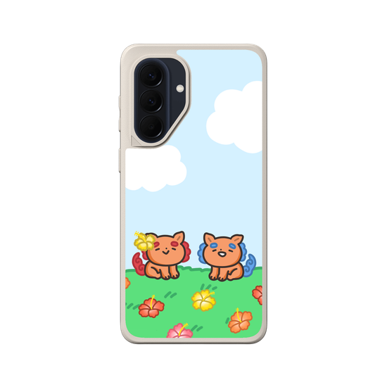 lion dogs in a hibiscus field