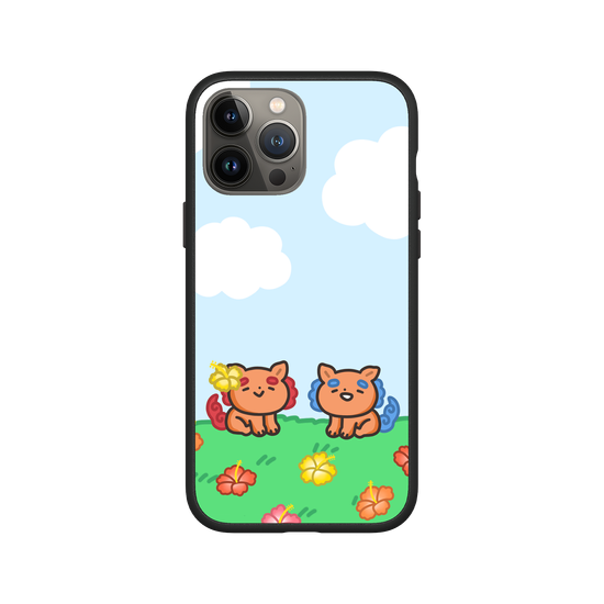 lion dogs in a hibiscus field