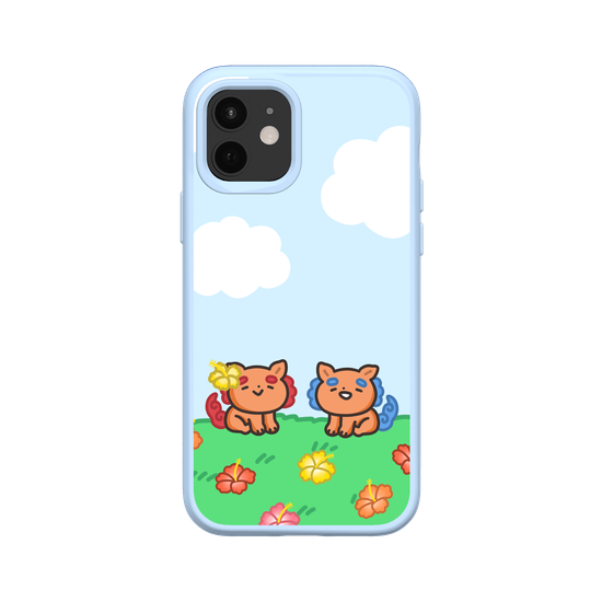 lion dogs in a hibiscus field