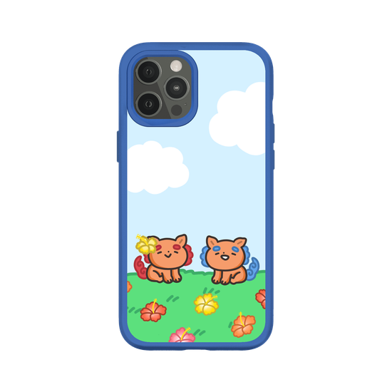 lion dogs in a hibiscus field
