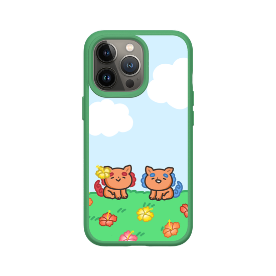 lion dogs in a hibiscus field