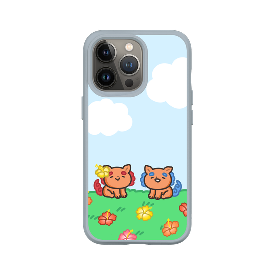 lion dogs in a hibiscus field