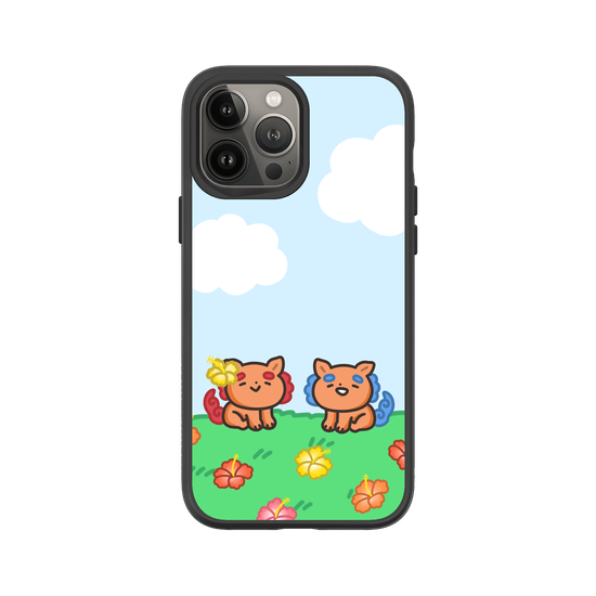 lion dogs in a hibiscus field