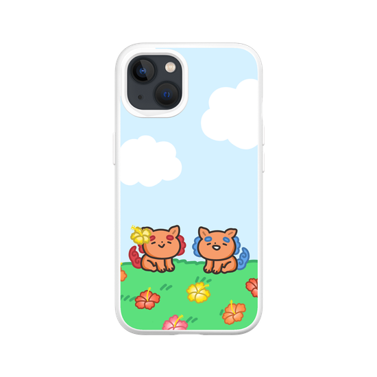 lion dogs in a hibiscus field