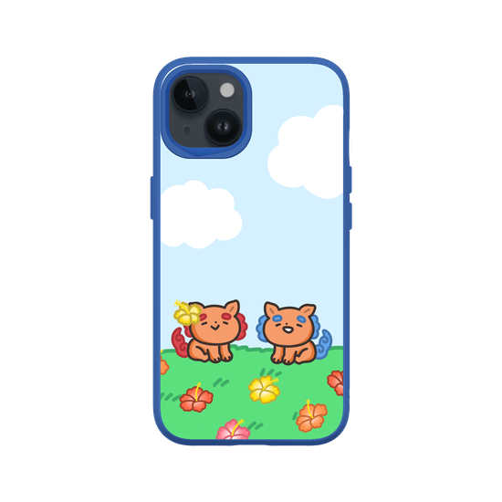 lion dogs in a hibiscus field
