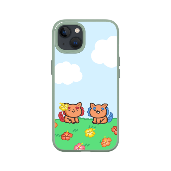 lion dogs in a hibiscus field