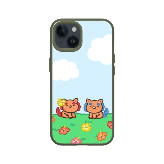 lion dogs in a hibiscus field