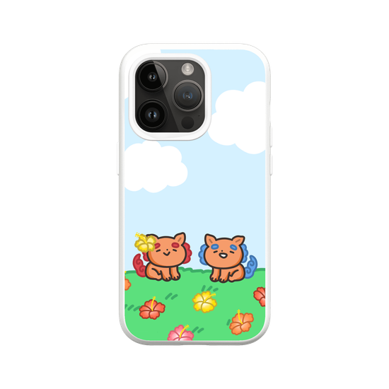 lion dogs in a hibiscus field