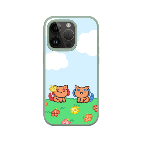 lion dogs in a hibiscus field