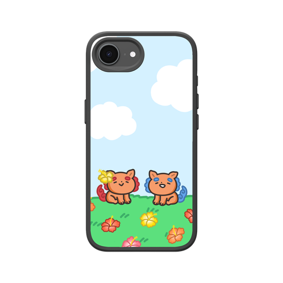 lion dogs in a hibiscus field
